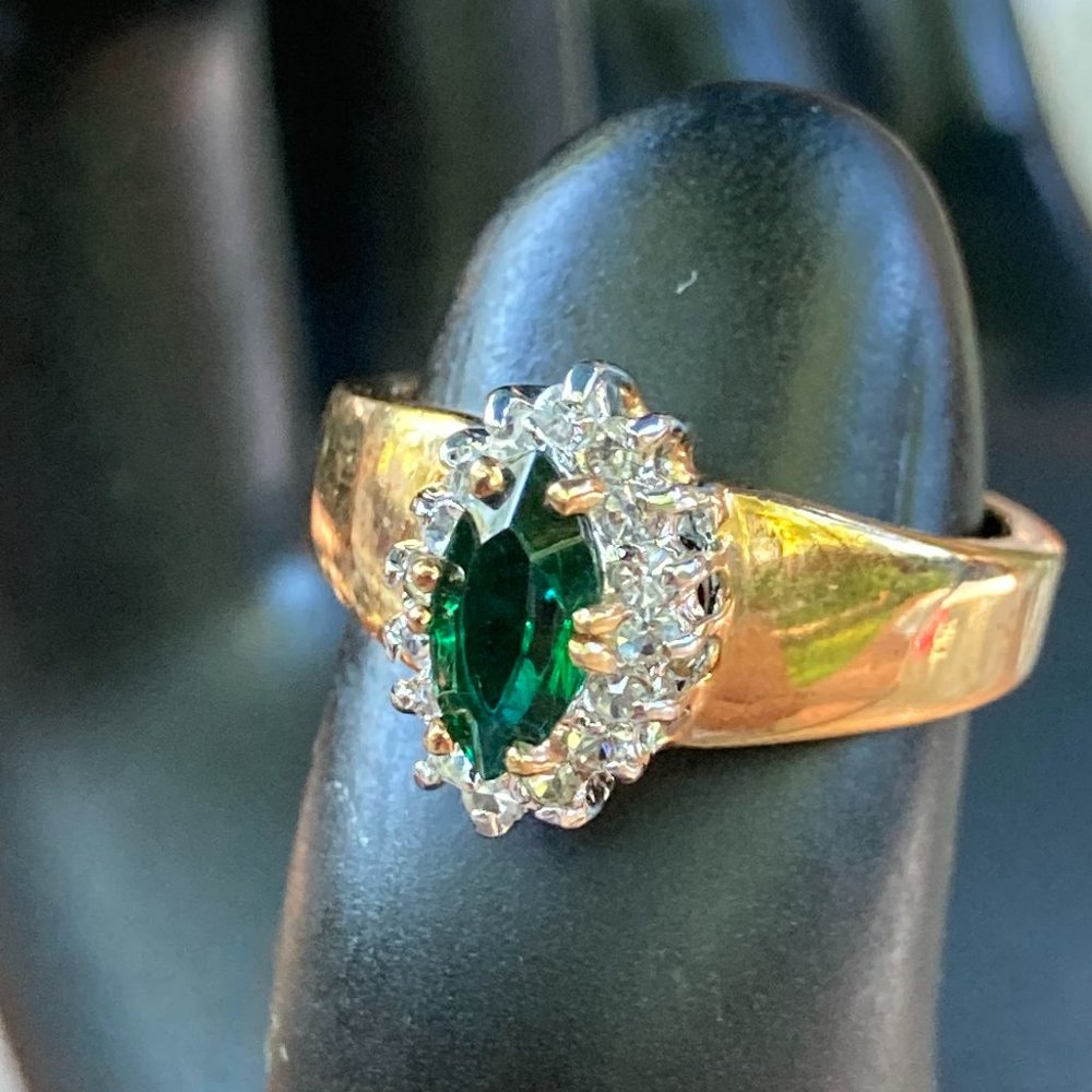 Faux emerald ring, rhinestones on 18K gold plate